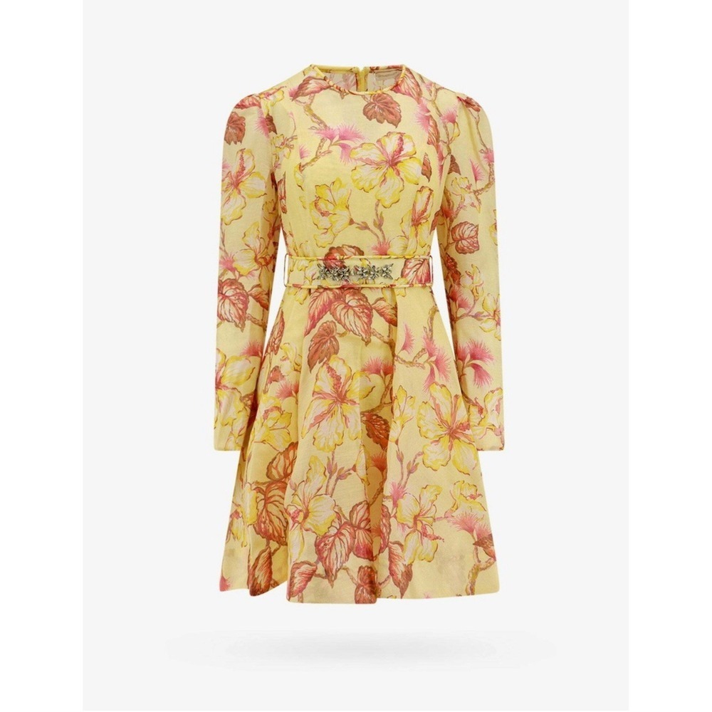 Zimmermann Yellow Hibiscus Floral Linen Silk Dress Crystal Belt Size 1 (0604)